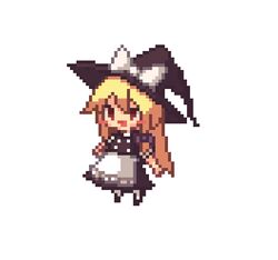  apron black_hat blonde_hair blush_stickers bow brown_eyes chibi commentary female full_body hat hat_bow kaminendo kirisame_marisa long_hair looking_at_viewer open_mouth pixel_art short_sleeves simple_background smile solo touhou waist_apron white_apron white_background white_bow witch_hat 