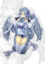  absurdres bird_legs blue_eyes blue_feathers blue_wings blush breasts commentary_request feathered_wings feathers female hair_between_eyes harpy highres long_hair low_ponytail medium_breasts midriff monster_girl navel neck_ruff original partially_submerged shitoi_(aqua1487) solo water webbed_feet webbed_hands wings 