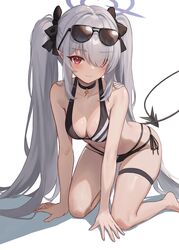  all_fours barefoot bikini black_bikini black_choker blue_archive blush breasts chinese_commentary choker cleavage closed_mouth commentary dark-skinned_female dark_skin demon_tail eyes_visible_through_hair eyewear_on_head fanteam female foot_out_of_frame grey_hair hair_over_one_eye halo highres iori_(blue_archive) iori_(swimsuit)_(blue_archive) long_hair looking_at_viewer multi-strapped_bikini_bottom navel pointy_ears red_eyes small_breasts solo stomach sunglasses swimsuit tail thigh_strap twintails very_long_hair 