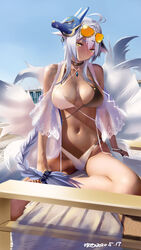  animal_ears aviator_sunglasses azitama_atsushi_(attyuu) azur_lane bare_shoulders bikini black_choker blue_sky blush braid breasts chair choker clear_sky criss-cross_halter dated eyewear_on_head female fluffy fox_mask fox_tail halterneck highleg highleg_bikini highres large_breasts long_hair looking_at_viewer lounge_chair mask mask_on_head multiple_tails navel official_alternate_costume photo_background photoshop_(medium) signature single_braid sitting sky smile solo sunglasses swimsuit tail tosa_(azur_lane) tosa_(hometown_zest)_(azur_lane) two-tone_bikini yellow_eyes 