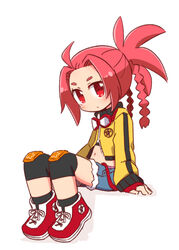  7th_dragon_(series) 7th_dragon_2020 black_socks blue_shorts blush braid closed_mouth commentary_request cropped_jacket cutoffs destroyer_(7th_dragon_2020) female forehead full_body highres jacket knee_pads long_sleeves looking_at_viewer midriff naga_u navel nishimura_haru_(7th_dragon) parted_bangs ponytail red_eyes red_footwear red_hair shadow shoes short_shorts shorts sitting sleeves_past_wrists socks solo twin_braids white_background yellow_jacket 