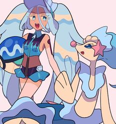  :d ball beachball blue_eyes blue_hair bright_pupils colored_eyelashes commentary crossover eyelashes female hatsune_miku highres long_hair open_mouth pokemon pokemon_(creature) primarina project_voltage smile swimsuit teeth tongue twintails tyako_089 upper_teeth_only vest visor_cap vocaloid water_miku_(project_voltage) white_background white_pupils zipper_pull_tab 