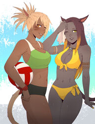  2girls animal_ears armlet artist_name ball bikini black_shorts blonde_hair breasts brown_hair cat_ears cat_tail cleavage commission dark-skinned_female dark_skin earrings facial_mark final_fantasy final_fantasy_xiv green_sports_bra highres holding holding_ball jewelry koyorin looking_at_viewer m&#039;naago medium_breasts miqo&#039;te mole mole_under_mouth multicolored_hair multiple_girls necklace one_eye_closed orange_eyes scar scar_across_eye scar_on_cheek scar_on_face short_hair shorts slit_pupils sports_bra swimsuit tail two-tone_hair warrior_of_light_(ff14) whisker_markings yellow_bikini yellow_eyes 