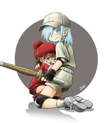  1boy aa-2153 aged_down baseball_cap blue_eyes blue_hair brown_eyes brown_hair closed_mouth commentary_request dusa erythroblast_(hataraku_saibou) female grey-framed_eyewear hat hataraku_saibou hataraku_saibou_black kneeling korean_commentary lolicon medium_hair myelocyte_(hataraku_saibou) pom_pom_(clothes) red_headwear red_shirt red_shorts scared semi-rimless_eyewear shirt shorts u-1196 under-rim_eyewear white_headwear white_shirt 