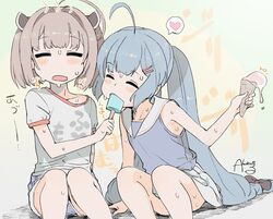  2girls ahoge blue_hair blush blush_stickers brown_hair closed_eyes collarbone commentary cowboy_shot denim denim_shorts eating feeding food hair_ornament hair_ribbon hairclip headgear heart ice_cream ice_cream_cone long_hair multiple_girls otomachi_una pleated_skirt popsicle ribbon rkrk sailor_collar short_hair shorts single_scoop skirt sleeveless spoken_heart sweat talkex touhoku_kiritan utau very_long_hair vocaloid voiceroid waffle_cone white_skirt 