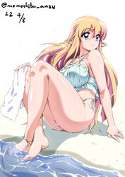  beach bikini blonde_hair blue_eyes breasts collarbone elf female green_bikini holding holding_towel huge_breasts long_hair nafta pointy_ears side-tie_bikini_bottom sitting solo string_bikini swimsuit tiffania_westwood towel zero_no_tsukaima 