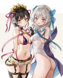  2girls absurdres ass bb_(fate) bb_(swimsuit_mooncancer)_(fate) bb_(swimsuit_mooncancer)_(fate)_(cosplay) bb_(swimsuit_mooncancer)_(second_ascension)_(fate) bb_(swimsuit_mooncancer)_(third_ascension)_(fate) belt bikini bikini_top_only black_gloves black_hair blue_ribbon breasts commission cosplay fate/grand_order fate_(series) fingerless_gloves gloves green_eyes grey_hair hair_ribbon heart heart-shaped_pupils highres long_hair looking_at_viewer medium_breasts multiple_girls navel original pink_ribbon pointy_ears red_eyes ribbon rurufix short_hair star_(symbol) studded_garter_belt swimsuit symbol-shaped_pupils white_gloves 