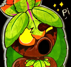  adam&#039;s_apple black_background bust_portrait deku_(tloz) deku_scrub elemental_creature elemental_humanoid eye_bags fan_character flora_fauna glury_the_unown hi_res humanoid icon leaf looking_at_viewer male nintendo one_eye_closed plant plant_humanoid portrait pseudo_hair sasiak_(character) simple_background solo star text the_legend_of_zelda traditional_media_(artwork) wink wood yellow_eyes 