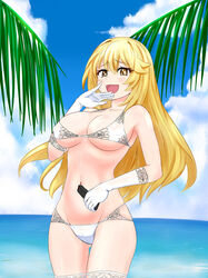  bikini blonde_hair blue_sky breasts cloud commentary controller english_commentary female gloves highres horizon large_breasts laughing long_hair looking_at_viewer ocean outdoors photoshop_(medium) remote_control shokuhou_misaki sky solo sparkling_eyes spider_web_print swimsuit thighhighs toaru_kagaku_no_railgun toaru_majutsu_no_index viperxtr white_bikini white_gloves white_thighhighs yellow_eyes 