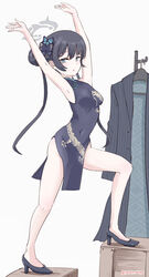  absurdres armpits arms_up black_coat black_dress black_footwear black_hair blue_archive breasts butterfly_hair_ornament chinese_clothes clothes_hanger coat commentary_request covered_navel double_bun dress female grey_eyes groin hair_between_eyes hair_bun hair_ornament halo high_heels highres kisaki_(blue_archive) long_hair looking_at_viewer no_panties parted_lips pelvic_curtain rasen_manga side_slit sidelocks simple_background sleeveless solo standing_on_object stretching thighs twintails unworn_coat white_background wooden_box 