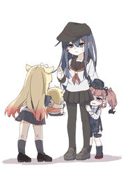  3girls absurdres aged_down aged_up akatsuki_(kancolle) akatsuki_kai_ni_(kancolle) anchor_hair_ornament anchor_symbol atlanta_(kancolle) badge black_footwear black_hair black_headwear black_pantyhose black_ribbon black_sailor_collar black_serafuku black_skirt black_socks blonde_hair boots breasts brown_hair character_doll commentary_request dress_shirt earrings flat_cap garrison_cap garter_straps gradient_hair grey_eyes hair_flaps hair_ornament hair_ribbon hat hiding hiding_behind_another high-waist_skirt highres jewelry kantai_collection loafers lolicon long_hair long_sleeves looking_at_viewer miniskirt multicolored_hair multiple_girls nami_nami_(belphegor-5812) neckerchief pantyhose pleated_skirt red_neckerchief ribbon role_reversal sailor_collar scared scarf school_uniform serafuku shirt shoes simple_background skirt small_breasts socks star_(symbol) star_earrings suspender_skirt suspenders thigh_strap two_side_up white_background white_scarf white_shirt yuudachi_(kancolle) yuudachi_kai_ni_(kancolle) 