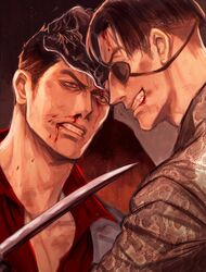  aged_down aomi_nekosuki blade_to_throat blood blood_from_mouth blood_on_face clenched_teeth grey_jacket highres jacket kiryu_kazuma knife majima_goro male_focus manly nosebleed red_shirt rivalry rivals ryuu_ga_gotoku_(series) ryuu_ga_gotoku_0 sadism shirt short_hair snake_print spoilers teeth 