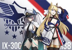  2girls adapted_costume american_flag_dress azur_lane black_gloves black_necktie black_panties black_thighhighs blonde_hair blue_eyes breasts character_name cleavage commentary country_connection eagle_union_(emblem) english_commentary eyepatch gloves grey_hair highres historical_event jingojuice large_breasts laurel_crown midriff mole mole_on_breast multiple_girls navel necktie panties prinz_eugen_(azur_lane) red_eyes sideboob thighhighs underwear victorious_(azur_lane) 