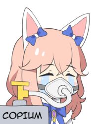  animal_ears artist_(lost_ark) blue_bow bow chibi closed_eyes copium_(meme) crying female fox_ears hairbow jalm long_hair lost_ark meme oxygen_mask pink_hair solo streaming_tears tears transparent_background 