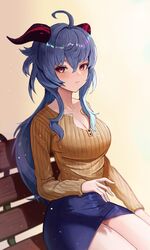  ahoge alternate_costume blue_hair blue_skirt blush breasts casual cleavage closed_mouth commentary_request female ganyu_(genshin_impact) genshin_impact goat_horns hair_between_eyes highres horns korean_commentary large_breasts long_hair long_sleeves miniskirt moth1 purple_eyes ribbed_sweater sitting skirt solo sweater 