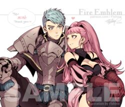  1boy armor armored_boots artist_name black_legwear black_pants blue_eyes blue_hair blush boots breastplate breasts caspar_von_bergliez cleavage cleavage_cutout closed_mouth clothing_cutout commentary commission copyright_name couple dated detached_sleeves dress earrings english_commentary english_text eyelashes female fire_emblem fire_emblem:_three_houses fishine gauntlets gloves hands_on_own_knees hilda_valentine_goneril hoop_earrings jewelry large_breasts legs_together light_blue_hair long_hair looking_at_another md5_mismatch mixed-language_commentary pants pink_dress pink_eyes pink_hair ponytail red_gloves resolution_mismatch sample_watermark short_dress short_hair side-by-side signature simple_background sitting smile source_larger spiked_hair straight swept_bangs thighhighs thighs watermark white_background 