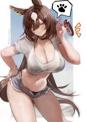  animal_ears bikini bikini_under_clothes black_choker blue_shorts bracelet breasts brown_hair choker cleavage closed_mouth collar commentary_request denim denim_shorts ear_ornament female hair_between_eyes hand_on_own_hip highres holding holding_collar horse_ears horse_girl horse_tail inaba_(usanopo) jewelry large_breasts looking_at_viewer midriff navel red_collar red_eyes shirt shorts sirius_symboli_(umamusume) smile solo standing swimsuit tail thighs twitter_username umamusume white_shirt 