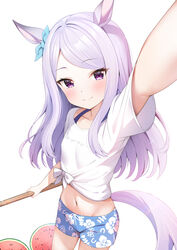  absurdres alternate_costume animal_ears aqua_bow blue_bow blue_shorts bow closed_mouth commentary_request cowboy_shot ear_bow female floral_print food fruit gaze_on_me!_outfit_(umamusume) highres horse_ears horse_girl horse_tail long_hair looking_at_viewer mejiro_mcqueen_(umamusume) midriff navel print_shorts purple_eyes purple_hair rei_(ilust9999) revision selfie shirt short_sleeves shorts simple_background smile solo tail tied_shirt umamusume watermelon white_background white_shirt 