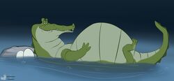  belly big_belly cave crocodile crocodilian crocodylid disney egg feral floating_on_water hi_res male peter_pan pregnant pregnant_feral pregnant_male reptile rock rogero_(artist) scalie solo tail tailbutt tick-tock_the_crocodile watermark 