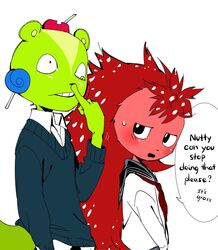  2021 candy clothing dessert digital_media_(artwork) disgust duo english_text female flaky_(htf) food fur green_body green_fur happy_tree_friends hi_res lazy_eye male mammal nutty_(htf) picking_nose porcupine red_body red_fur rodent school_uniform sciurid simple_background speech_bubble text toboki tree_squirrel uniform white_background 