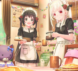  2girls :d air_conditioner aiuabo apron black_bow black_dress black_eyes black_hair bow coffee coffee_pot collared_dress commentary_request cup curtains dress flower food frilled_skirt frills hair_flower hair_ornament hairbow highres holding holding_cup holding_plate indoors long_hair looking_at_viewer maid maid_headdress menu_board multiple_girls open_mouth original pancake paper_chain pink_flower plant plate potted_plant red_eyes red_flower red_rose rose sandwich saucer short_sleeves siblings sidelocks sisters skirt smile stuffed_animal stuffed_toy tray twintails vines white_apron white_hair window 