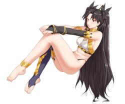  bare_shoulders black_hair black_ribbon blue_thighhighs breasts commentary detached_sleeves earrings fate/grand_order fate_(series) feet female full_body hair_ornament hair_ribbon ishtar_(fate) jewelry long_hair long_sleeves looking_at_viewer medium_breasts midriff navel parted_bangs parted_lips red_eyes ribbon sarhce simple_background single_sleeve single_thighhigh smile solo thighhighs thighs white_background 