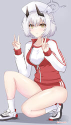  absurdres alternate_costume ass blue_archive braid buruma commentary_request demon_girl demon_horns double_v expressionless female grey_background gym_uniform hair_between_eyes halo highres horns jacket kneeling looking_at_viewer medium_hair rasen_manga sena_(blue_archive) shoes short_sleeves sidelocks simple_background single_braid sneakers solo thighs track_jacket v white_hair yellow_eyes 