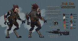  256:135 3_fingers 3_toes akilae06 alien anthro arm_wraps armor avian_caruncle backpack belt belt_pouch bodysuit bone_plates bracelet bracers breastplate brown_body brown_feathers claws clothed clothing dewlap_(anatomy) digitigrade energy_weapon english_text facial_scar feathers feet fingers flak_jacket front_view fully_clothed furgonomics grey_body grey_skin gun halo_(series) handgun jewelry kig-yar leg_armor leg_wraps legwear looking_at_viewer looking_back looking_back_at_viewer male messenger_bag microsoft model model_sheet open_mouth pistol plumage ranged_weapon rear_view red_body rifle ruk_zan scalie scar short_tail shoulder_pads skinsuit solo spread_arms standing t&#039;vaoan tail teeth text thigh_holster tight_clothing toes tongue topwear torn_clothing vest wattle weapon white_face wraps xbox_game_studios yellow_eyes 