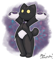  2020 ambiguous_gender anthro black_body black_skin black_tie_(suit) clothing colored digital_media_(artwork) domestic_cat fakemon felid feline felis kitalyst mammal miso_souperstar nintendo pawpads plushie pokemon signature simple_background solo stitch_(disambiguation) suit yellow_eyes 