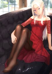  ass bare_shoulders black_pantyhose breasts commentary_request contemporary couch dress edelgard_von_hresvelg feet female fire_emblem fire_emblem:_three_houses fukuroumori highres indoors legs long_hair looking_at_viewer panties pantyhose purple_eyes red_dress red_panties shoes single_shoe solo toes underwear white_hair 