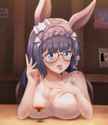  akiyama_neo alternate_costume alternate_hairstyle animal_ears black_hair blue_eyes blurry blurry_background blush braid breast_rest breasts breasts_on_table cherry cleavage collarbone commentary_request crown_braid cup drinking_glass female food fruit glasses highres horse_ears horse_girl large_breasts looking_at_viewer partially_unbuttoned portrait poster_(object) saliva sleeveless solo table tongue tongue_out translation_request umamusume wine_glass zenno_rob_roy_(umamusume) 