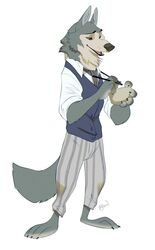  anthro barefoot beastars black_nose blue_clothing blue_topwear blue_vest bottomwear canid canine canis chopsticks clothing crossover feet fur grey_body grey_bottomwear grey_clothing grey_fur grey_pants grey_stripes hi_res krossan_(artist) legoshi_(beastars) male mammal multicolored_body multicolored_fur necktie pants pattern_bottomwear pattern_clothing pattern_pants rice_bowl shirt simple_background solo standing striped_bottomwear striped_clothing striped_pants stripes topwear two_tone_body two_tone_fur vest white_background white_clothing white_shirt white_topwear wolf 