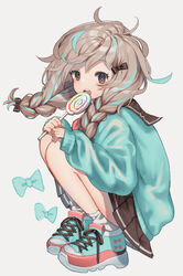  :o aqua_bow aqua_footwear aqua_hair aqua_sweater bow braid brown_bow brown_eyes brown_hair brown_skirt candy female food from_side full_body hair_over_shoulder hairbow highres holding holding_candy holding_food holding_lollipop komadori_ui lollipop long_sleeves looking_at_viewer miniskirt multicolored_hair open_mouth original pleated_skirt school_uniform serafuku shoes simple_background skirt sleeves_past_wrists sneakers socks solo squatting streaked_hair sweater swirl_lollipop symbol_in_eye twin_braids twintails white_background white_socks 