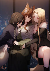  3girls ahoge animal_ears bare_shoulders black_dress black_hair blonde_hair blurry blurry_background braid breast_press breasts brown_hair choker closed_mouth depth_of_field dress earrings facial_mark flutoitoi fox_ears fox_tail fumi_(nijisanji) genyaky green_shirt green_skirt hair_ornament heart heart_earrings highres hug indoors jewelry large_breasts long_hair long_skirt long_sleeves luis_cammy multiple_girls nijisanji official_art parted_lips purple_sweater red_choker red_eyes ribbed_sweater shirayuki_tomoe shirt signature single_braid sitting skirt smile sweater tail very_long_hair virtual_youtuber white_skirt window yellow_eyes yuri 