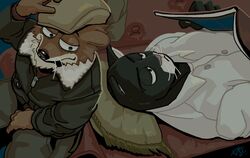  anthro black_body black_fur clothed clothing domestic_cat duo felid feline felis fur headgear headwear hi_res jacket john_blacksad least_weasel lying male mammal mustelid musteline on_back reading smile topwear true_musteline vetiver_n weasel weekly whiskers 