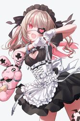  apron ashita_kura belt black_dress blush breasts brown_hair cleavage_cutout clothing_cutout colored_inner_hair cuffs dress eyepatch fangs female gloves grey_background heart heart-shaped_pupils heart_cutout heart_eyepatch highres leg_tattoo long_hair looking_at_viewer maid maid_apron maid_headdress makaino_ririmu makaino_ririmu_(5th_costume) multicolored_hair nijisanji open_mouth pink_hair print_eyepatch puffy_short_sleeves puffy_sleeves red_eyes short_sleeves simple_background small_breasts smile solo streaked_hair stuffed_animal stuffed_toy symbol-shaped_pupils tattoo virtual_youtuber white_apron white_belt white_gloves wrist_cuffs 