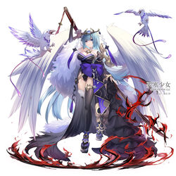  2020 anklet armor artist_name bare_shoulders bird bird_wings black_dress black_thighhighs blue_bow blue_eyes blue_gemstone blue_hair blunt_bangs blunt_ends bow breasts bridal_gauntlets bustier cape choker cleavage copyright_name crow detached_sleeves diamond_(shape) dress feather_trim female fortress_girl frilled_sleeves frills full_body fur_cape gem geta gold_trim hair_ornament headpiece highleg hime_cut holding holding_sword holding_weapon japanese_clothes jewelry large_bow large_breasts large_wings light_blue_hair long_dress long_hair long_legs looking_at_viewer low_neckline no_panties official_art ootachi origami paper_crane pauldrons pendant pendant_choker shizu_(fortress_girl) shoulder_armor simple_background single_detached_sleeve solo standing sword sword_behind_back tabi tassel tengu tengu-geta thighhighs very_long_hair weapon white_background white_wings wide_sleeves wings yuasa_akira 