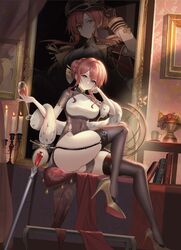  absurdres alcohol azur_lane black_garter_straps black_gloves black_hat bookshelf breasts brown_dress brown_thighhighs candle candlestand cane china_dress chinese_clothes cup dress drinking_glass dutch_angle epaulettes feather_boa female food framed_breasts fruit fruit_bowl full_body garter_straps gem gloves gold_footwear grapes hand_on_own_cheek hand_on_own_face hat high_heels highres holding holding_cup impossible_clothes impossible_dress indoors large_breasts long_hair long_sleeves looking_at_viewer monarch_(azur_lane) monarch_(black_gerard)_(azur_lane) official_alternate_costume painting_(object) peach peaked_cap portrait_(object) purple_eyes red_gemstone red_hair shoes short_sleeves sitting skindentation solo taut_clothes taut_dress thighhighs wine wine_glass yijiufantexi 