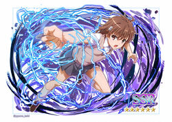  aiming brown_eyes brown_footwear brown_hair brown_sweater brown_sweater_vest brown_vest coin commentary electricity electrokinesis emblem female foreshortening full_body grey_skirt holding holding_coin isshi_pyuma loafers looking_at_viewer loose_socks magnetism medium_hair metal metal_sand misaka_mikoto photoshop_(medium) pleated_skirt psychic railgun_(misaka_mikoto) school_emblem school_uniform science_fiction shoes short_shorts shorts shorts_under_skirt skirt sleeveless sleeveless_sweater socks solo star_(symbol) summer_uniform sweater sweater_vest toaru_kagaku_no_railgun toaru_majutsu_no_index tokiwadai_school_uniform twitter_username vest white_socks 