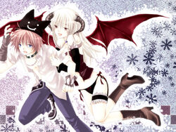  1boy 2000s_(style) arm_hug babydoll black_panties black_sleeves blacksmith_(ragnarok_online) blonde_hair blue_eyes blue_pants blush boots bow bow_panties breasts bridal_garter brown_eyes brown_footwear brown_gloves brown_horns cleavage commentary_request demon_girl demon_wings detached_sleeves deviruchi_hat female fingerless_gloves full_body fur-trimmed_sleeves fur_trim gloves hair_between_eyes hat horns hug hug_from_behind jewelry long_bangs long_hair looking_at_another medium_breasts necklace open_mouth panties pants pink_hair ragnarok_online red_babydoll red_wings running shirt shoes short_hair short_sleeves smile succubus_(ragnarok_online) takamura_ryou underwear white_shirt wings 