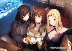  3girls :d ahoge animal_ears black_dress black_hair blonde_hair blurry blurry_background braid breasts brown_hair bug butterfly butterfly_tattoo choker chopsticks cleavage commentary_request cup depth_of_field dress drinking_glass earrings facial_mark flutoitoi forehead fox_ears from_above fumi_(nijisanji) genyaky green_shirt hair_ornament heart holding holding_cup indoors jewelry large_breasts long_hair long_sleeves luis_cammy multiple_girls nijisanji official_art open_mouth parted_lips purple_sweater red_choker red_eyes ribbed_sweater shirayuki_tomoe shirt single_braid sitting skirt smile sweater tattoo very_long_hair virtual_youtuber watermark white_skirt window yellow_eyes 