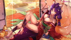  absurdres animal_ear_fluff animal_ears architecture breasts east_asian_architecture female fox_ears fox_girl fox_tail furisode highres holding holding_smoking_pipe japanese_clothes kamidori_alchemy_meister kimono kiseru kohakuren large_breasts long_hair multiple_tails obi oerba_yun_fang off_shoulder open_mouth orange_eyes purple_hair radishkek red_kimono sash sitting sliding_doors slit_pupils smoking_pipe solo tail tatami wide_sleeves 