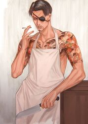  1boy aomi_nekosuki apron arm_rest black_hair cigarette collarbone commentary cowboy_shot eyepatch facial_hair holding holding_cigarette holding_knife irezumi knife looking_to_the_side majima_goro male_focus mature_male naked_apron no_bangs one-eyed one_eye_covered pectorals ryuu_ga_gotoku ryuu_ga_gotoku_(series) short_hair smoking solo symbol-only_commentary tattoo 