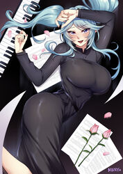  :d arm_over_head artist_name black_dress blue_eyes blue_hair breasts curvy dress epsilon_(kage_no_jitsuryokusha_ni_naritakute!) female fingernails flower highres huge_breasts instrument kage_no_jitsuryokusha_ni_naritakute! long_hair looking_at_viewer lying medium_dress mibry_(phrysm) on_side open_mouth petals piano piano_keys sheet_music smile solo tsurime twintails 