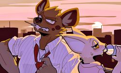  aggretsuko anthro blush bodily_fluids bottle canid canine clothed clothing container duo female fennec_fox fenneko food fox haida_(aggretsuko) hi_res hyena looking_at_viewer male mammal open_mouth popsicle sanrio spotted_hyena sweat true_fox vetiver_n water_bottle 