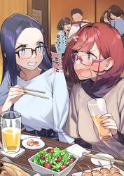  1boy 5girls 92m alcohol angry beer belt black_hair black_shirt blue_dress blue_eyes blush brown_hair chopsticks commentary cup dateko_(92m) douki-chan_(douki-chan) douki-kun_(douki-chan) dress drunk ear_blush fish_(food) food forehead ganbare_douki-chan glasses grin highres holding holding_chopsticks holding_cup izakaya kebab kinshi_no_ane_(92m) kouhai-chan_(douki-chan) long_hair looking_at_another multiple_girls open_mouth original pink_eyes ponytail red_hair salad_bowl senpai-san_(douki-chan) shirt short_hair smile sweater teeth translated wavy_mouth 