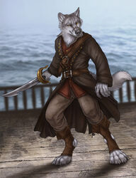  2021 4_toes 5_fingers anthro brown_eyes canid canine canis clothed clothing day detailed_background digital_media_(artwork) feet fingers fur grey_body grey_fur hi_res male mammal melee_weapon outside randall_(draugr) rukis sky smile solo sword toeless_legwear toes weapon wolf 