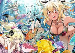  4girls animal_ears bakatare_(hololive) bikini blonde_hair breasts cleavage dark-skinned_female dark_skin fish fox_ears fox_girl hololive horns kurose_kousuke large_breasts long_hair mermaid monster_girl multiple_girls omaru_polka open_mouth pointy_ears ponytail red_eyes sheep_girl sheep_horns shell shell_bikini shirakami_fubuki shiranui_flare smile swimsuit tsunomaki_watame turtle underwater virtual_youtuber white_hair 