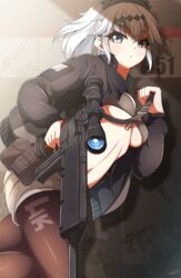  bad_id bad_pixiv_id blush commentary_request female girls&#039;_frontline grey_eyes gun gun_sling h&amp;k_psg1 heckler_&amp;_koch holding holding_gun holding_weapon jacket jacket_over_swimsuit long_hair navel pantyhose ponytail psg-1_(girls&#039;_frontline) rifle sayossa_(pak-front) scope simple_background sniper_rifle solo swimsuit trigger_discipline weapon white_hair 