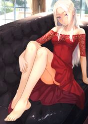  ass bare_shoulders barefoot breasts commentary_request contemporary couch dress edelgard_von_hresvelg feet female fire_emblem fire_emblem:_three_houses fukuroumori highres indoors legs long_hair looking_at_viewer panties purple_eyes red_dress red_panties shoes single_shoe sitting solo toes underwear white_hair 